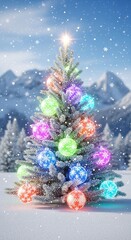 A New Year's tree with magical, self-luminous, multicoloured baubles in a snowy forest glade. Snowfall. A Christmas mood, nature. Vertical background, greeting card, banner, or social media post.