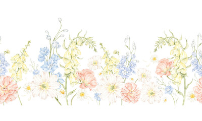 Watercolor floral border with pastel garden flowers in pink, blue and yellow tones isolated on transparent background