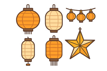 Traditional Asian paper lanterns collection with a decorative star element for festive occasions