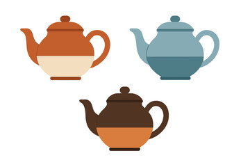 Set of three colorful stylized ceramic teapots for serving hot beverages