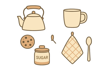Minimalist kitchenware collection with kettle mug sugar jar cookie and spoon