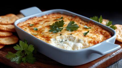 Baked crab dip with golden cheese topping in ceramic dish, garnished with parsley, surrounded by crackers, perfect for appetizer or party