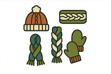 Cozy knitted winter accessories collection including hat, scarves, and mittens