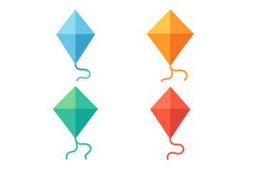 Four colorful diamond-shaped kites in blue orange green and red with simple tails