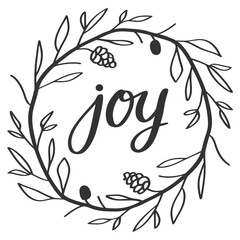 A decorative wreath with the word joy in the center, surrounded by leaves and berries, , perfect for adding a touch of festive cheer to any design