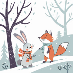 A delightful encounter in a snowy winter landscape as a charming rabbit and a sly fox, both adorned with scarves, share a friendly moment amidst the serene beauty of nature