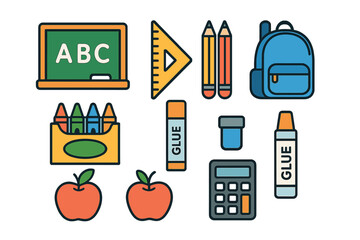 Colorful set of essential school supplies including backpack, pencils, chalkboard, and apples