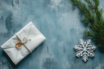A Christmas gift in white paper with a snowflake on blue