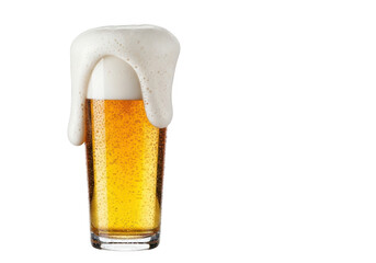 Tall glass of golden beer with overflowing foam isolated on transparent background