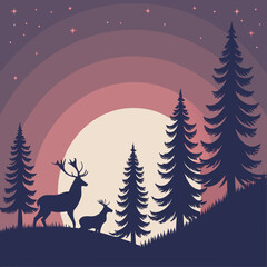 Naklejka premium A serene winter landscape featuring silhouetted deer amidst towering pine trees, set against a gradient sky with a soft, glowing moon and twinkling stars, evoking a sense of tranquility