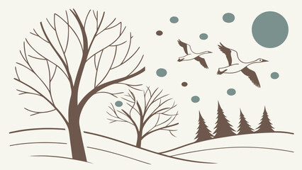 A serene winter landscape with bare trees, flying geese, and gentle snowfall, creating a peaceful and calming scene, perfect for capturing the quiet beauty of the season © Islam