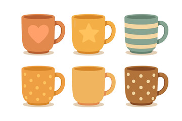Set of six cozy coffee mugs with various decorative patterns including stripes, polka dots, heart, and star shapes