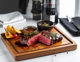 Well-done Wagyu beef steak, served on the wood tray with red wine