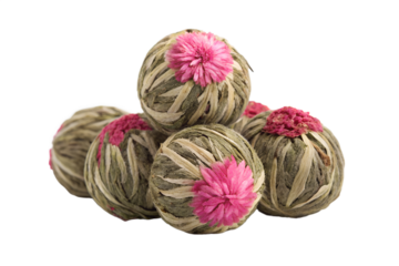 Pile of Hand-Tied Blooming Flower Tea Balls Isolated on Transparent Background