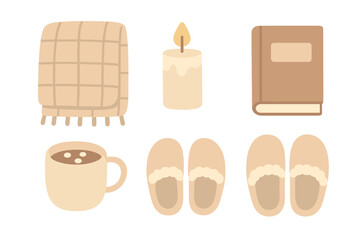 Cozy home essentials collection featuring a warm blanket, burning candle, hot drink, book, and comfortable slippers