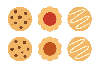 Assortment of delicious sweet baked goods featuring chocolate chip, jam filled, and iced cookies