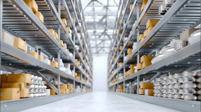 Long metal shelves stocking various goods and cardboard boxes inside a large warehouse, ready for distribution