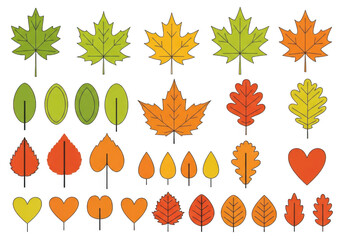 Collection of autumn leaves and hearts isolated on transparent background