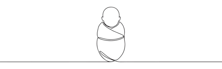 continuous single-line drawing of a swaddled newborn baby, symbolizing new life, innocence, and care on a pristine white background.