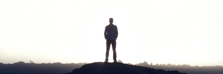 Obraz premium A silhouetted figure stands tall against a bright white background, symbolizing leadership, power, and aspiration Perfect for concepts of vision, ambition, and future success , power, goal