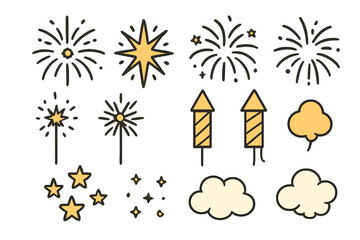 Exploding fireworks, rockets, sparklers, and shining stars for festive celebration