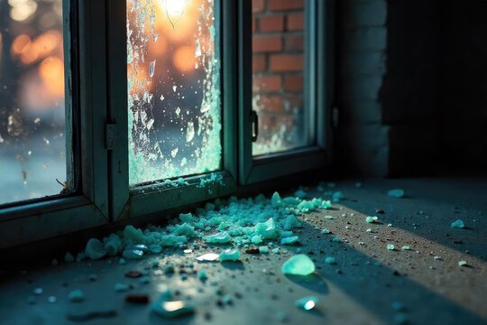 A shattered window, shards of glass scattered on the ground, a clear sign of forceful entry and destruction, suggesting a crime scene , shattered, destruction