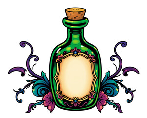 Intricate cartoon clipart of a potion bottle with green liquid and ornate details on a transparent background
