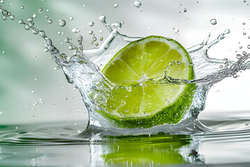 Refreshing Splash A Vibrant Lime Slice Encased in Water with Droplets Against a Clean Background