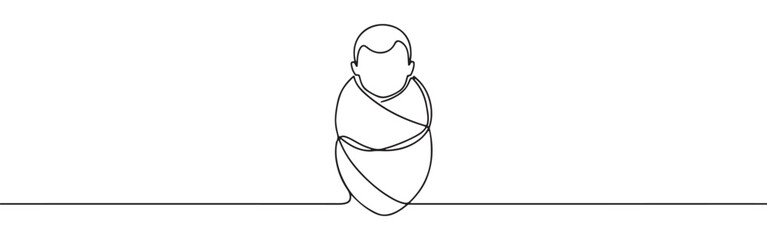 continuous single-line drawing of a swaddled newborn baby, symbolizing new life, innocence, and care on a pristine white background.