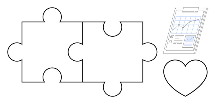 Interlocked puzzle pieces, a clipboard with data charts, and a heart symbol. Ideal for teamwork, strategy, organization, analysis, relationships, problem-solving and cohesion simple flat metaphor
