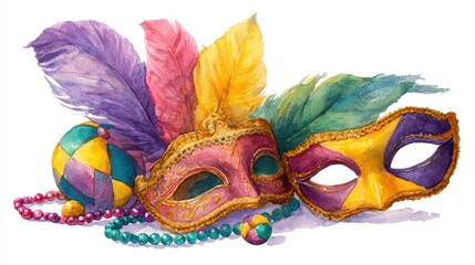 Mardi Gras Watercolor. Traditional Objects Composition with Mask, Beads, and Feathers
