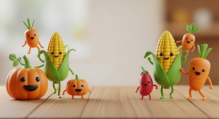 Adorable vegetable characters on a wooden table create a whimsical, healthy eating vibe for kids' menus and educational materials promoting nutrition