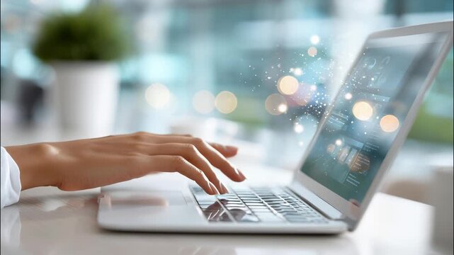 Businesswoman hand pressing laptop keyboard with glowing holographic digital interface, representing cutting edge workplace technology