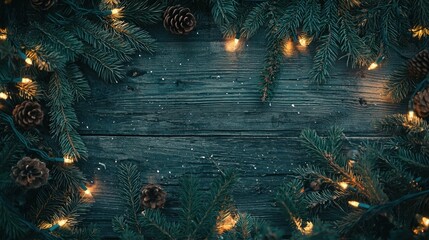Rustic wood background adorned with pine branches and warm lights perfect for winter celebrations