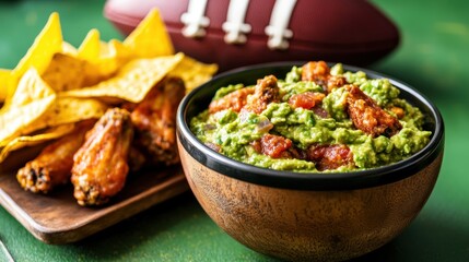 Enjoying snack time with wings, guacamole, and chips during a sporting event with a rugby ball in the background