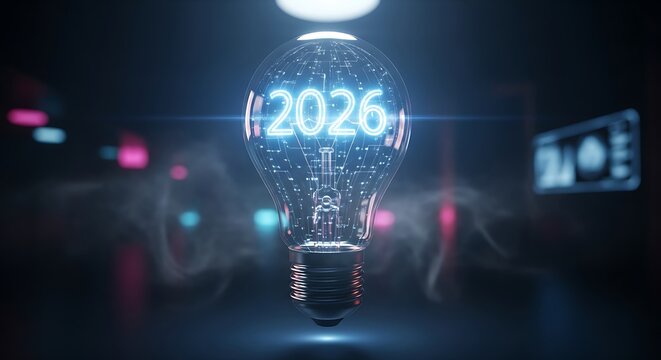 The year 2026 glowing inside a futuristic digital lightbulb concept.