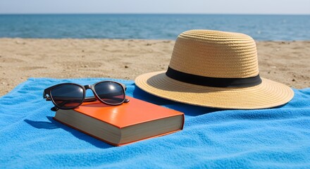 Beach accessories on blue towel