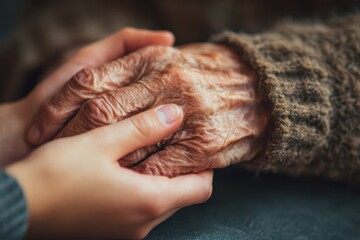 Memory Caregiver. Closeup of Young Woman Holding Hands of Elderly Lady