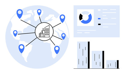 Plakat World map with location markers connected to a central hub, analytic charts showing growth trends, and bar graphs. Ideal for business growth, global networking, data analysis, logistics, market