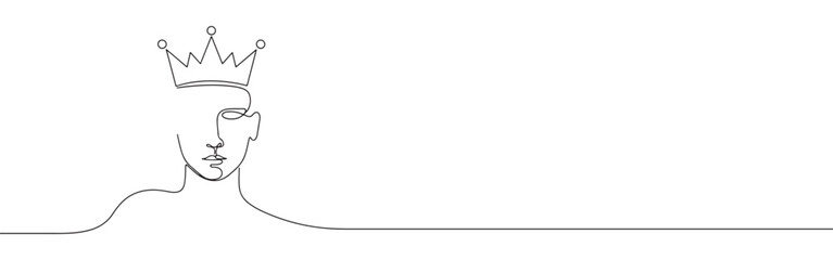 Minimalist continuous line art of a head with a crown, representing royalty, leadership, or success.