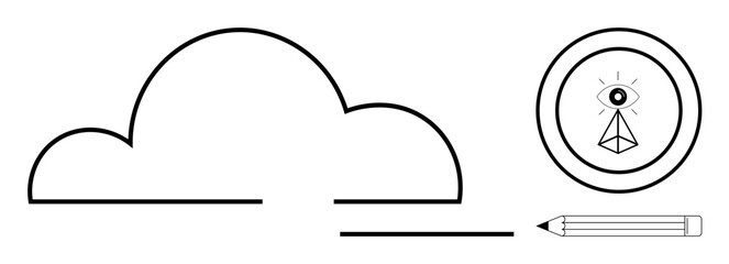 Cloud outline, triangular eye symbol, and pencil emphasizing technology, creativity, vision, data, strategy, education and foresight. Ideal for innovation tech and design simple flat metaphor