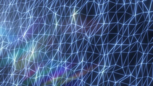 Abstract blue glowing mesh network with triangular grid pattern and light reflections, isolated on dark background