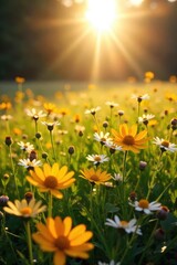 Fototapeta premium A sun-drenched meadow abundant with wildflowers, their petals shimmering like scattered gold nuggets under the bright light A breathtaking scene of nature's opulence and beauty , wild, abundant