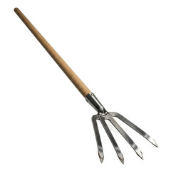 An agricultural tool with a long wooden handle and metal tines, designed for cultivating soil or harvesting crops, against a black backdrop