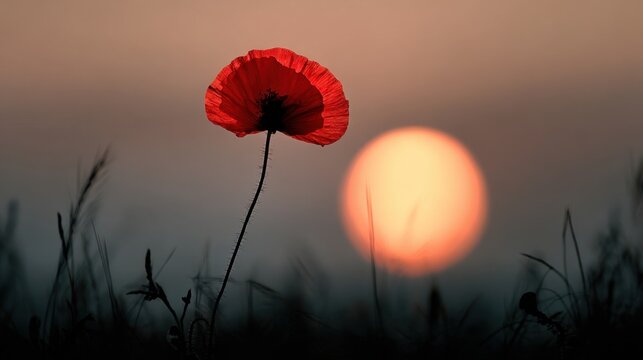 Captivating silhouette of a poppy flower at sunset in tranquil field landscape,Remembrance Day