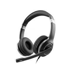 An angled, isolated studio-style audio headset with an attached microphone, featuring a matte black finish and metallic accents
