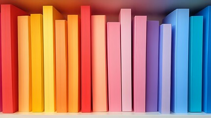 Colorful book spines arranged in rainbow spectrum order from red to blue on bookshelf, creating vibrant gradient pattern for education and learning concepts.