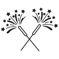 Festive black and white line icon of crossed sparklers with stars