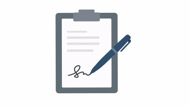 Animated vector signing pen on document with alpha transparent background. Perfect for digital signature, contract, and legal themes.
