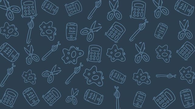 Doodle outlines of school supplies on navy background. Suitable for educational designs, stationery products, and school related projects.